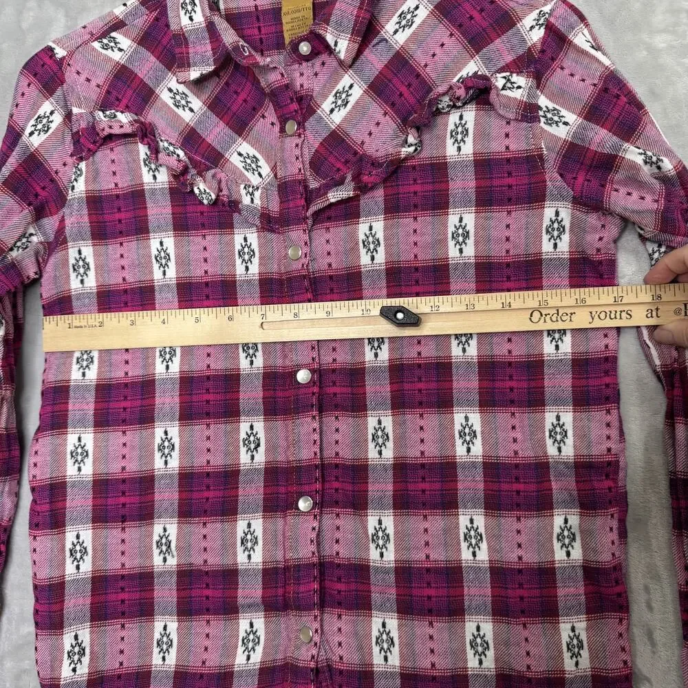 Wrangler Shirt Girls XXL Pink Plaid Western Pearl Snap Long Sleeve Ruffle Trim